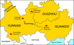map of Guizhou, Yunnan and Guangxi provinces in southeast China